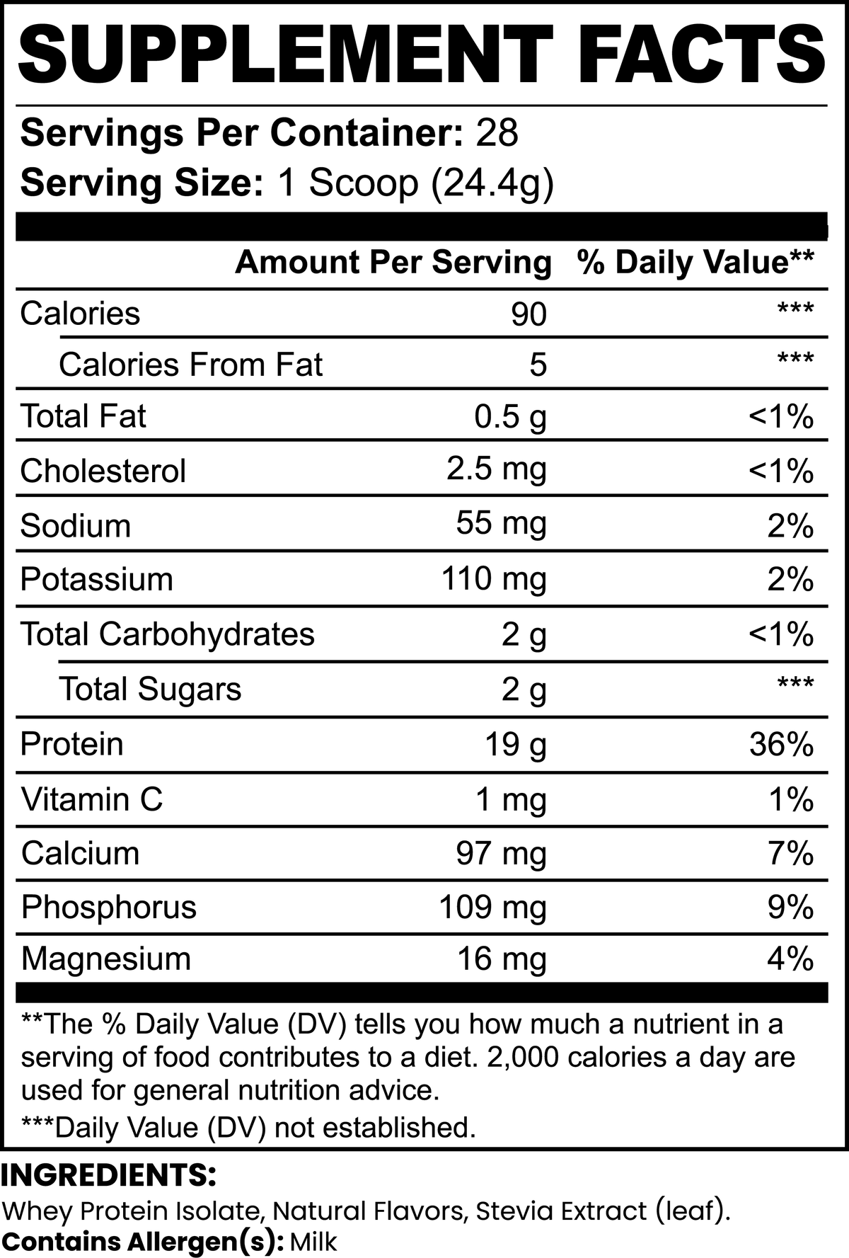 Protein powder nutrition label showing serving size, calories, macronutrients, and vitamins in black and white format