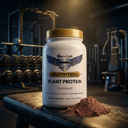 Plant Protein chocolate dietary supplement in white container with blue and gold branding alongside a pile of light brown powder