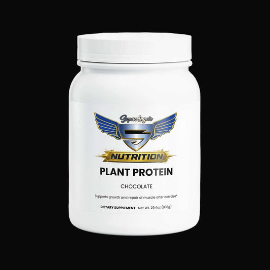 Plant Protein chocolate dietary supplement in a white plastic container with blue and gold label and white lid