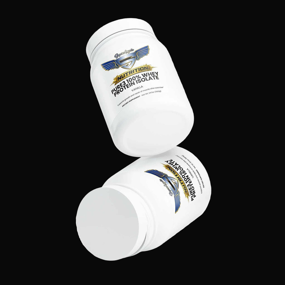 Protein powder vanilla whey isolate in white plastic containers with blue and gold logo and text label