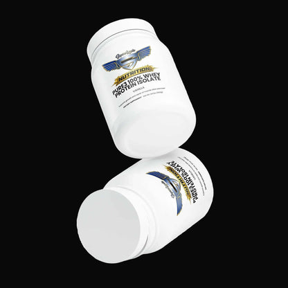 Protein powder vanilla whey isolate in white plastic containers with blue and gold logo and text label