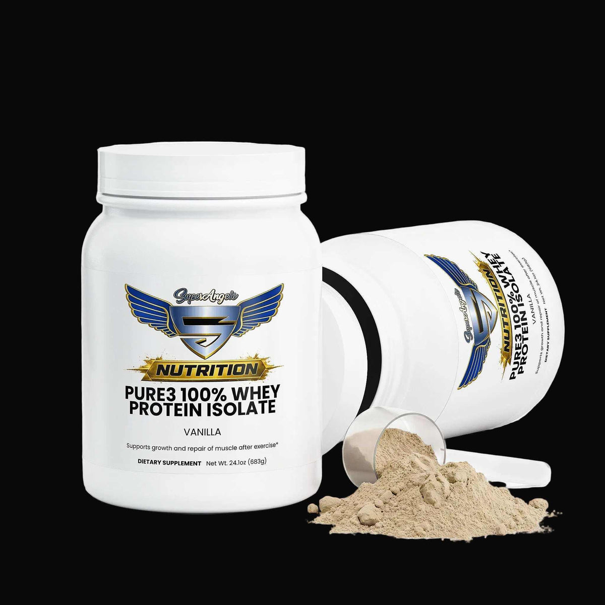 Protein powder in white plastic tubs labeled Pure3 100% Whey Protein Isolate Vanilla with a scoop and powder spilled beside