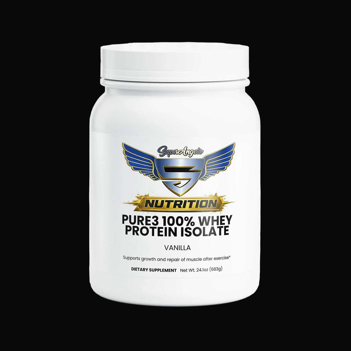 Protein powder in a white container with blue and gold logo, labeled Pure3 100% Whey Protein Isolate Vanilla flavor