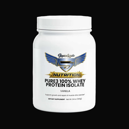 Protein powder in a white container with blue and gold logo, labeled Pure3 100% Whey Protein Isolate Vanilla flavor