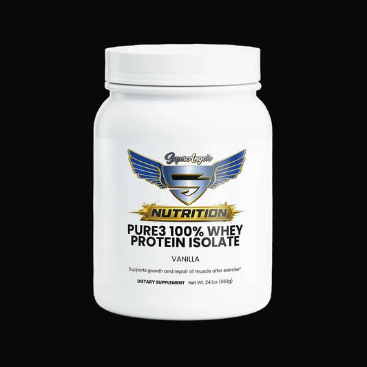 Protein powder in a white container with blue and gold logo, labeled Pure3 100% Whey Protein Isolate Vanilla flavor